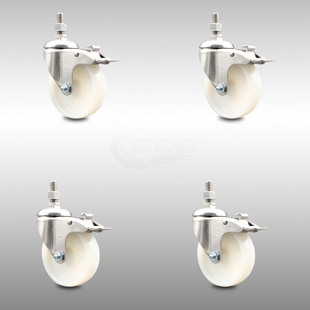 Service Caster 4 Inch 316SS Nylon Wheel Swivel 3/8 Inch Threaded Stem Caster Set Lock Brake SCC SCC-SS316TSTTL20S414-NYS-381615-4